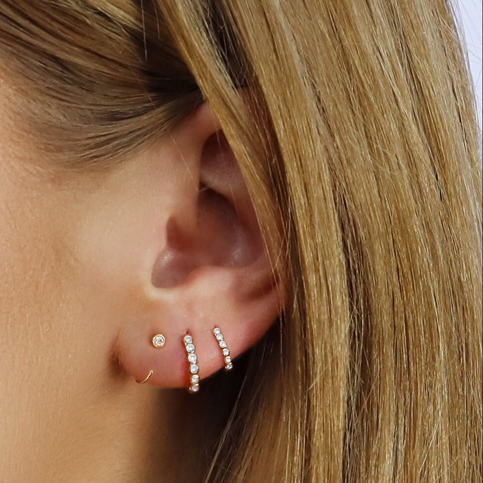 AJJ classic huggie hoops with 3mm CZ stones, yellow gold sterling silver cartilage earrings, simple pave design.