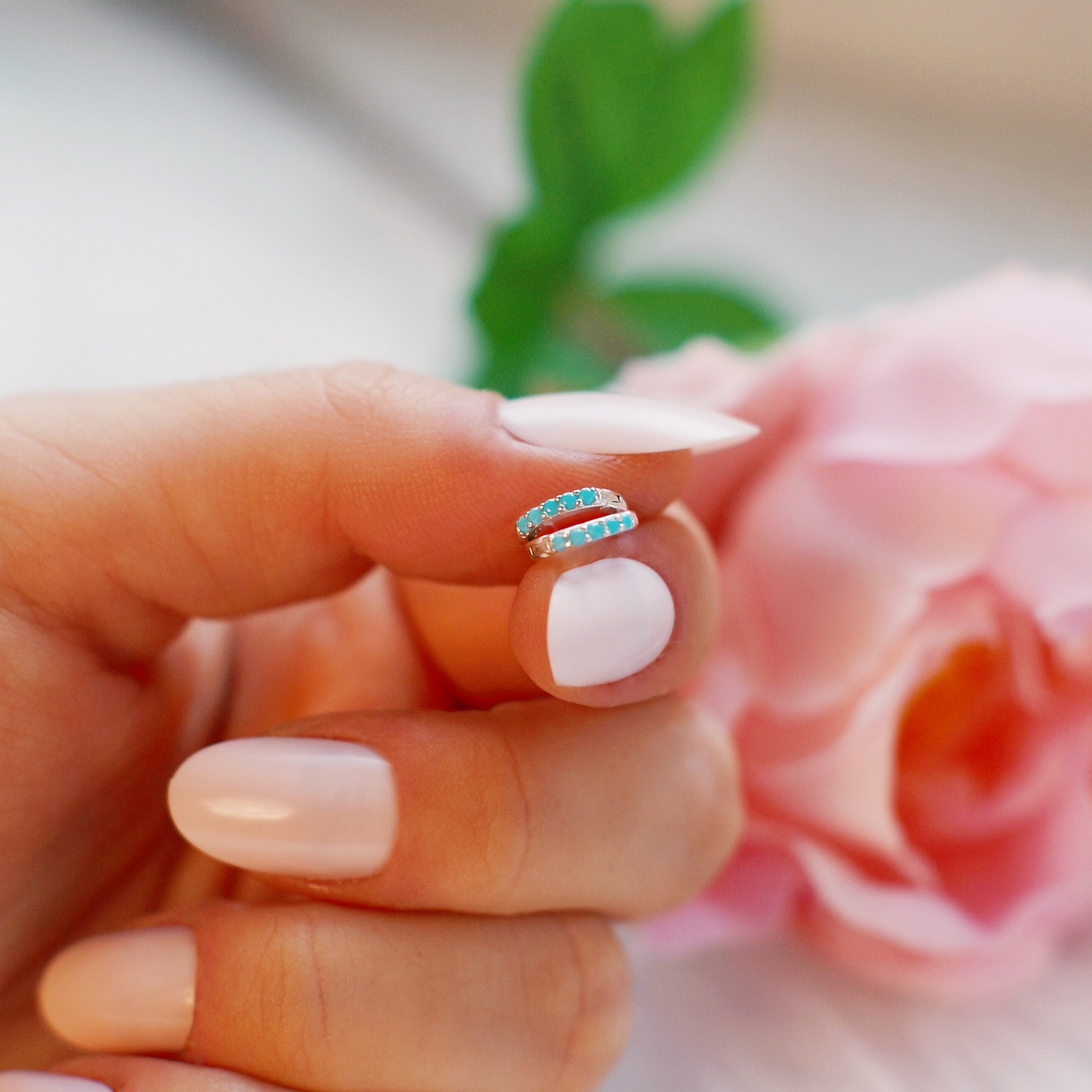 Tiny Huggie Hoop Earrings,Turquoise Huggie Hoop Earrings,Dainty Hoop Earrings,Dainty Huggies, 18K Gold Plated Hoops,Sterling Silver Huggies