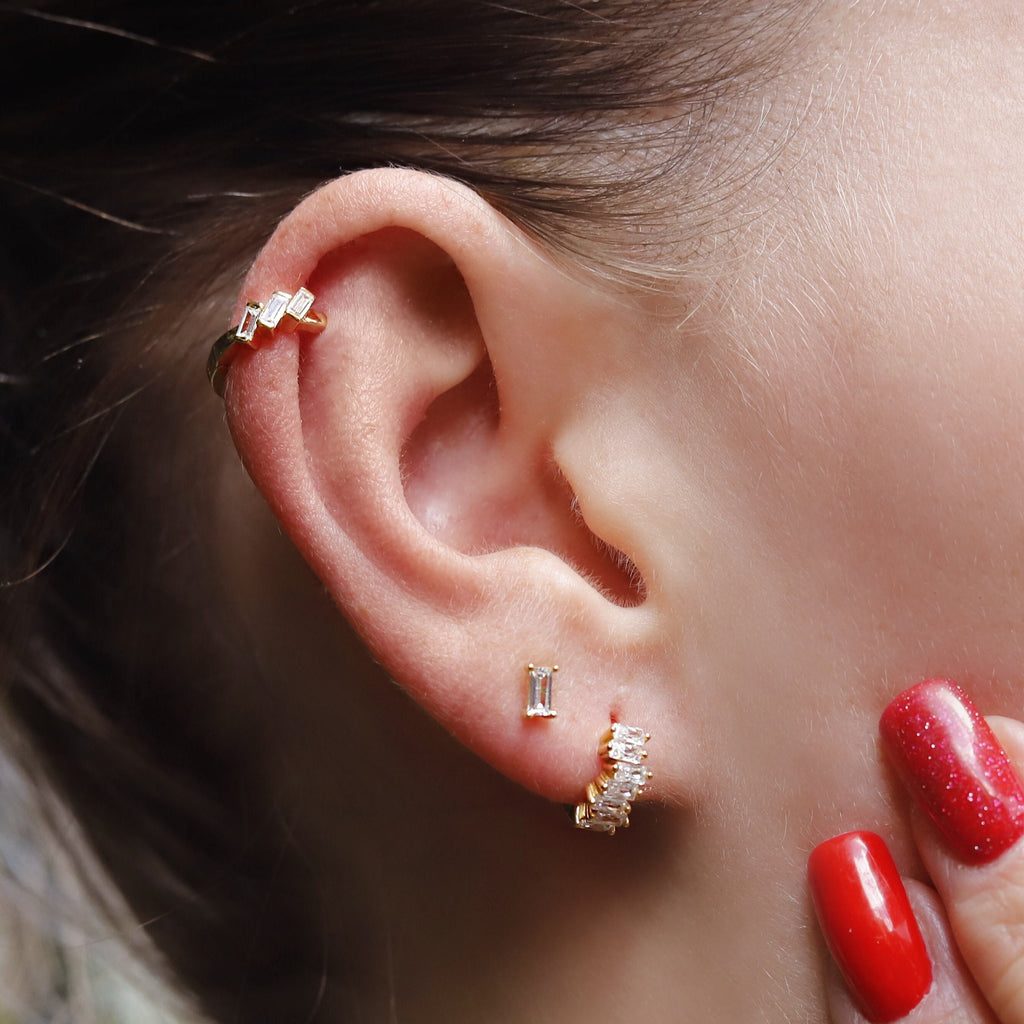 Tiny Huggie Hoop Earrings, Baguette Huggie Hoop Earrings, Dainty Hoop Earrings,Dainty Huggies, 18K Gold Plated Hoops,Sterling Silver Huggies