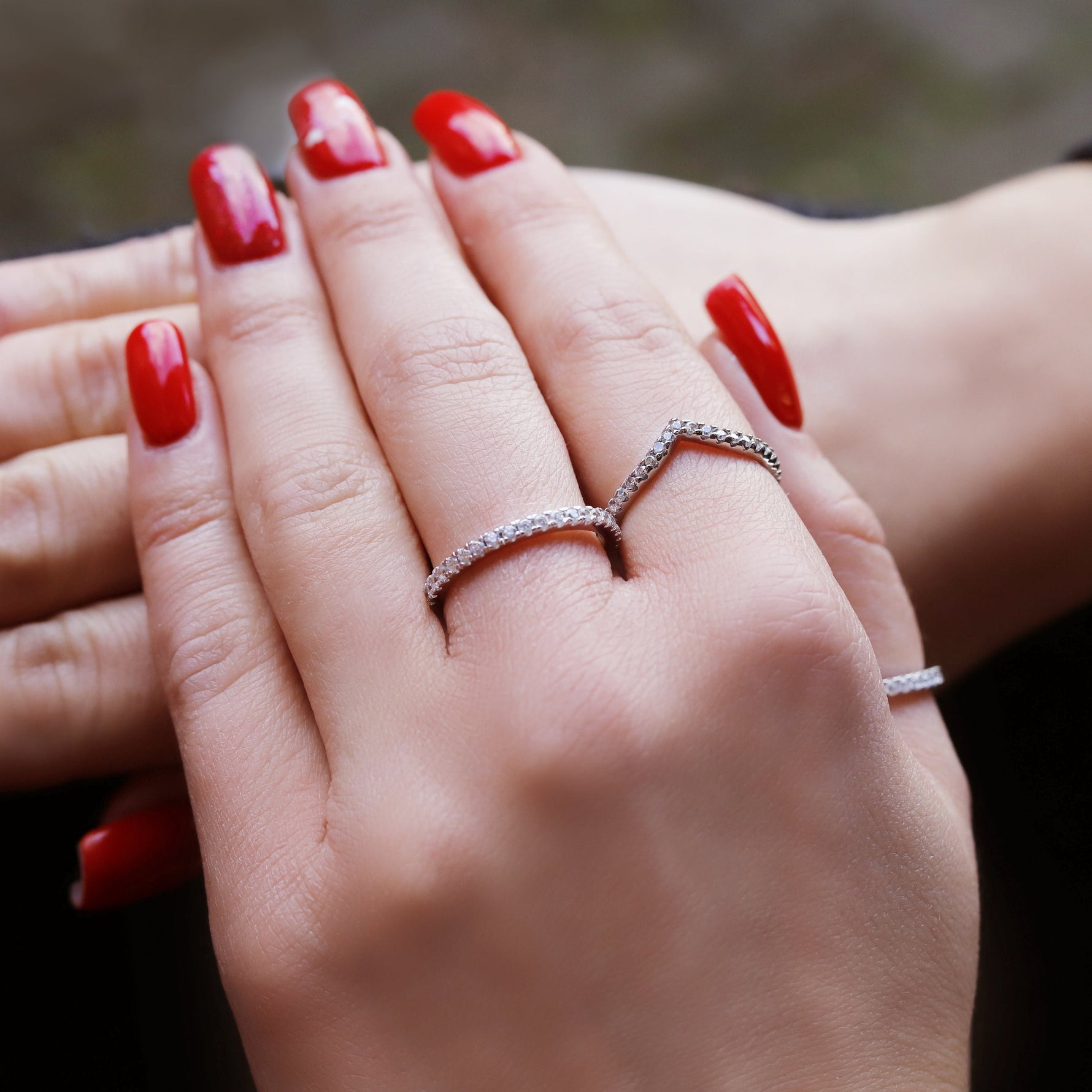 Sterling silver Kate micro pave eternity ring with delicate, thin stacking design and sparkling pave accents.