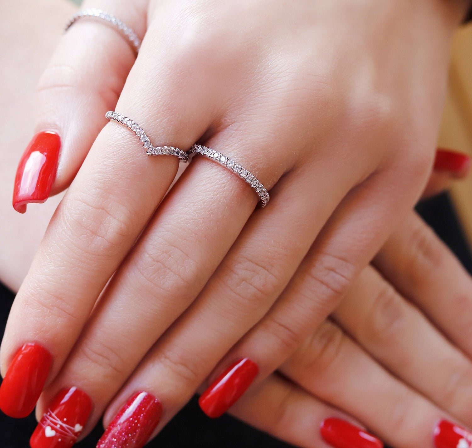 Sterling silver Kate micro pave eternity ring with thin, dainty design, perfect for stacking or delicate jewelry styles.