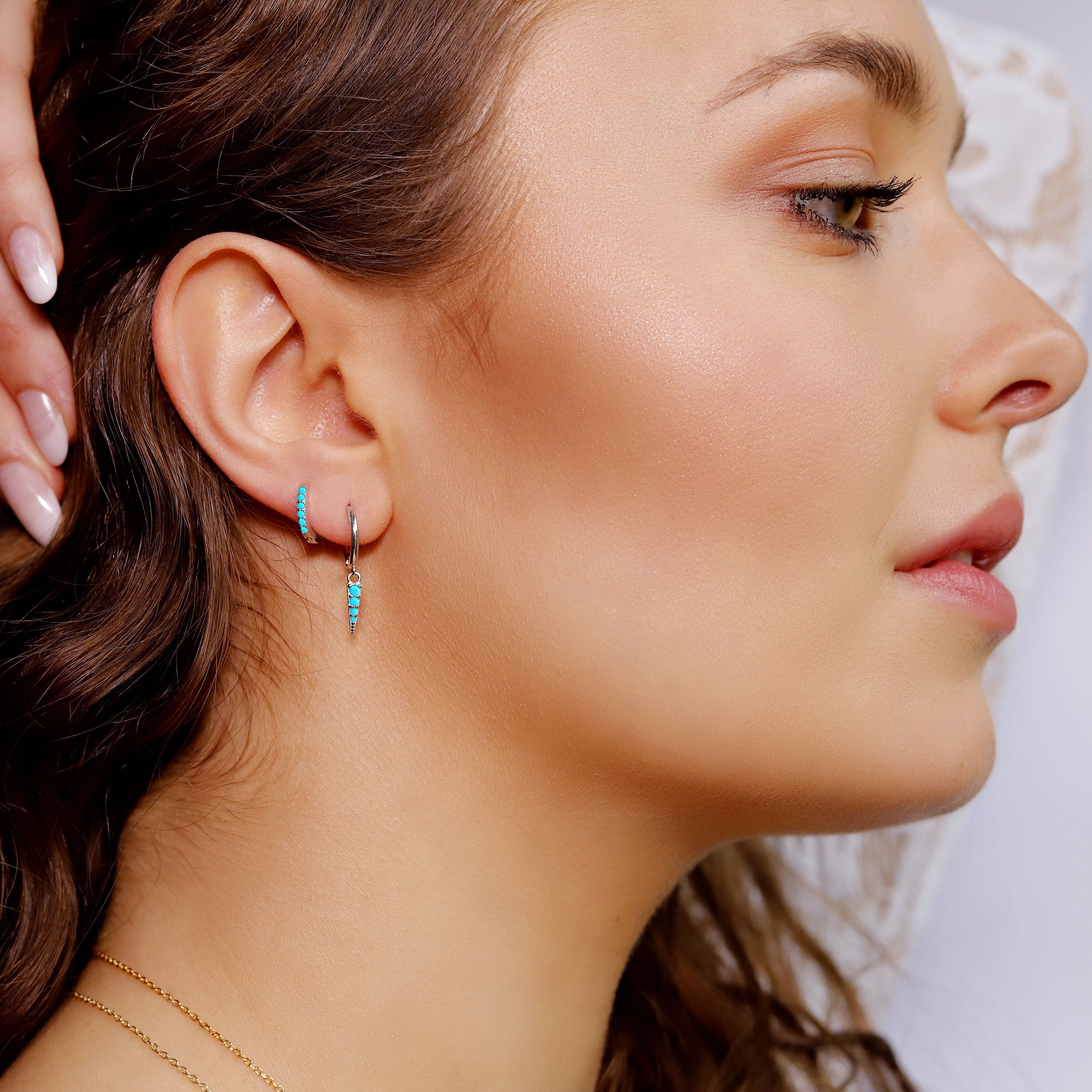 Huggie Hoop Earrings • gold turquoise hoop • cartilage hoop • hoop earrings • silver pave ring hoop • tragus hoop • small helix hoop