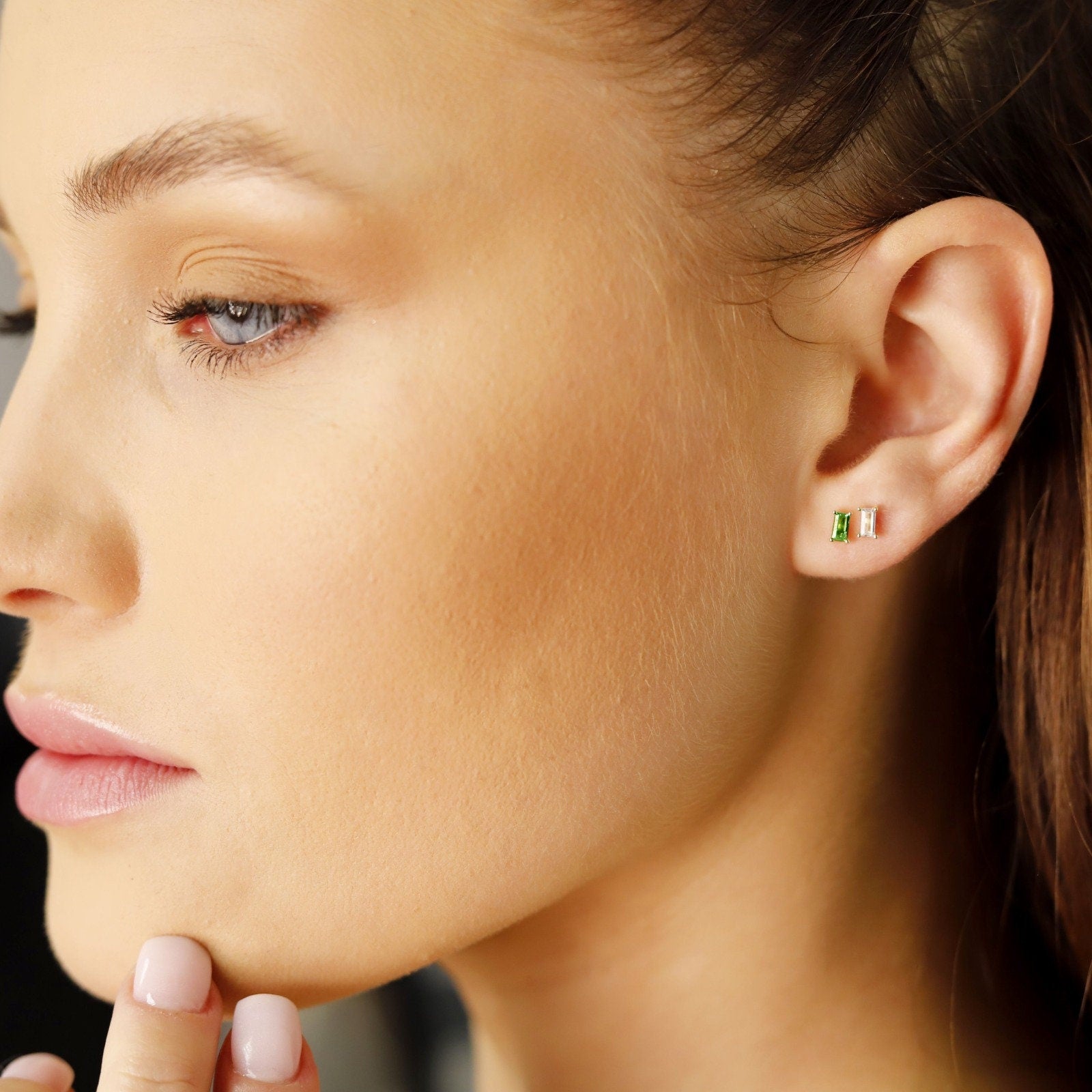 AJJ Heather tiny stud earrings with clear CZ diamonds, minimalist design, perfect for multiple piercings and everyday wear