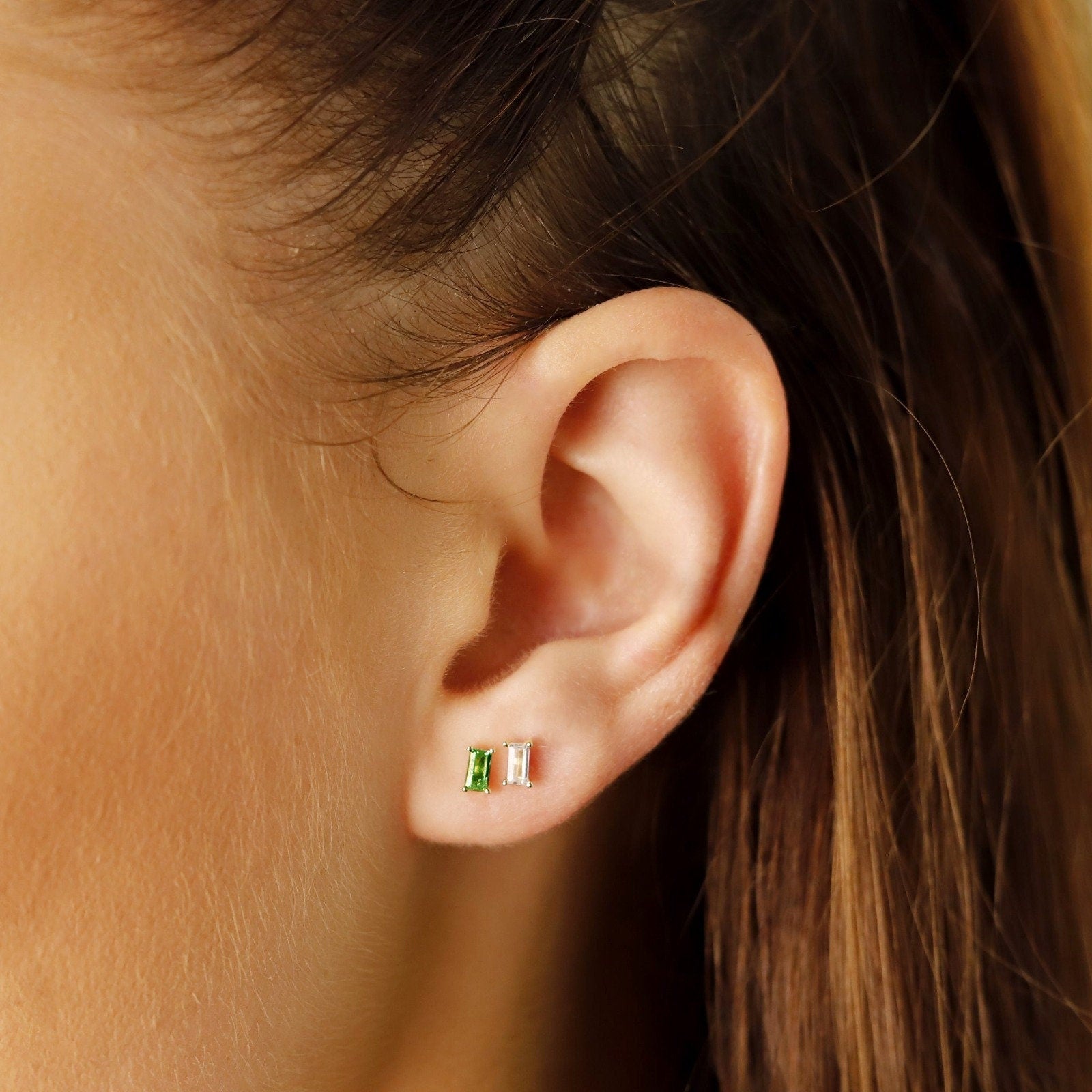 AJJ Heather Tiny Stud Earrings with CZ diamonds, minimalist design ideal for multiple piercings, delicate and elegant jewelry.