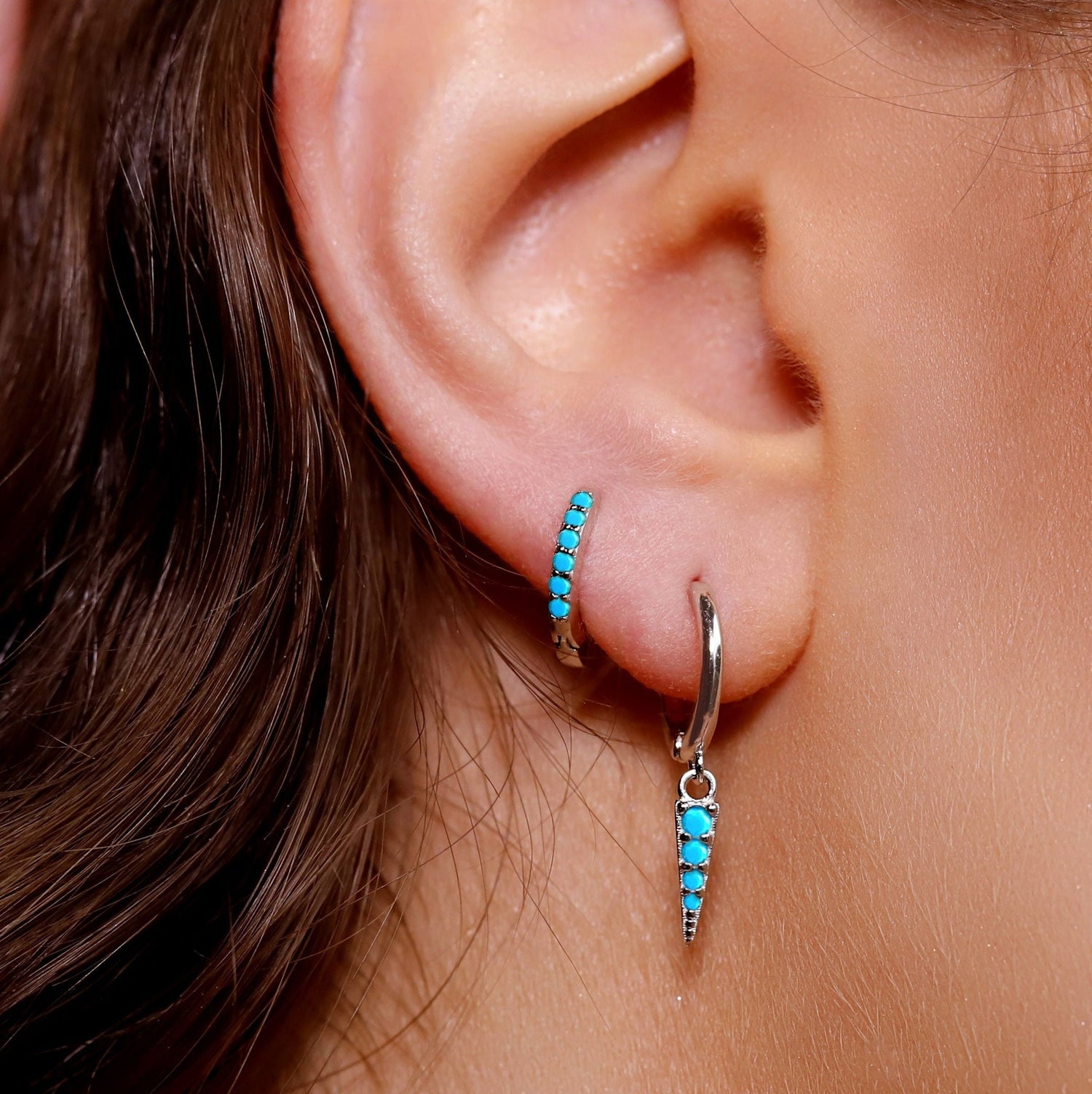 AJJ gold turquoise cartilage hoop earrings, small helix and tragus hoops, silver pave ring and hoop earrings for cartilage and helix piercings