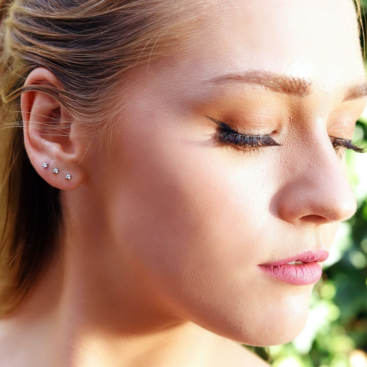 AJJ silver tiny stud earrings with zircon accents, delicate and minimalist post earrings for a subtle, stylish look.
