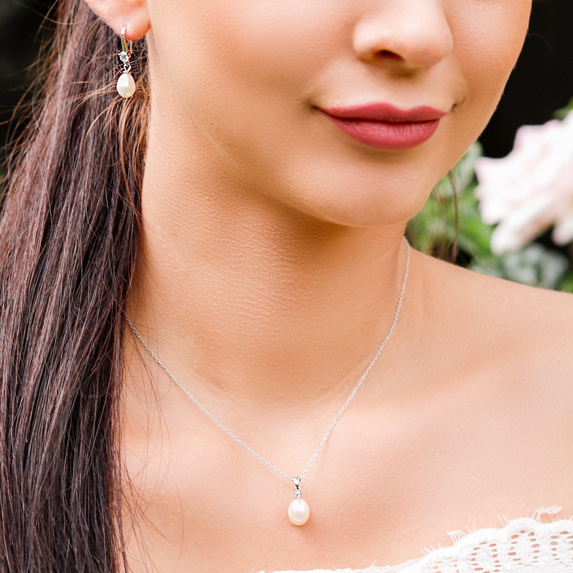 925 Sterling Silver Pearl drop earrings, Pearl earrings, Bridal earrings, Silver earrings