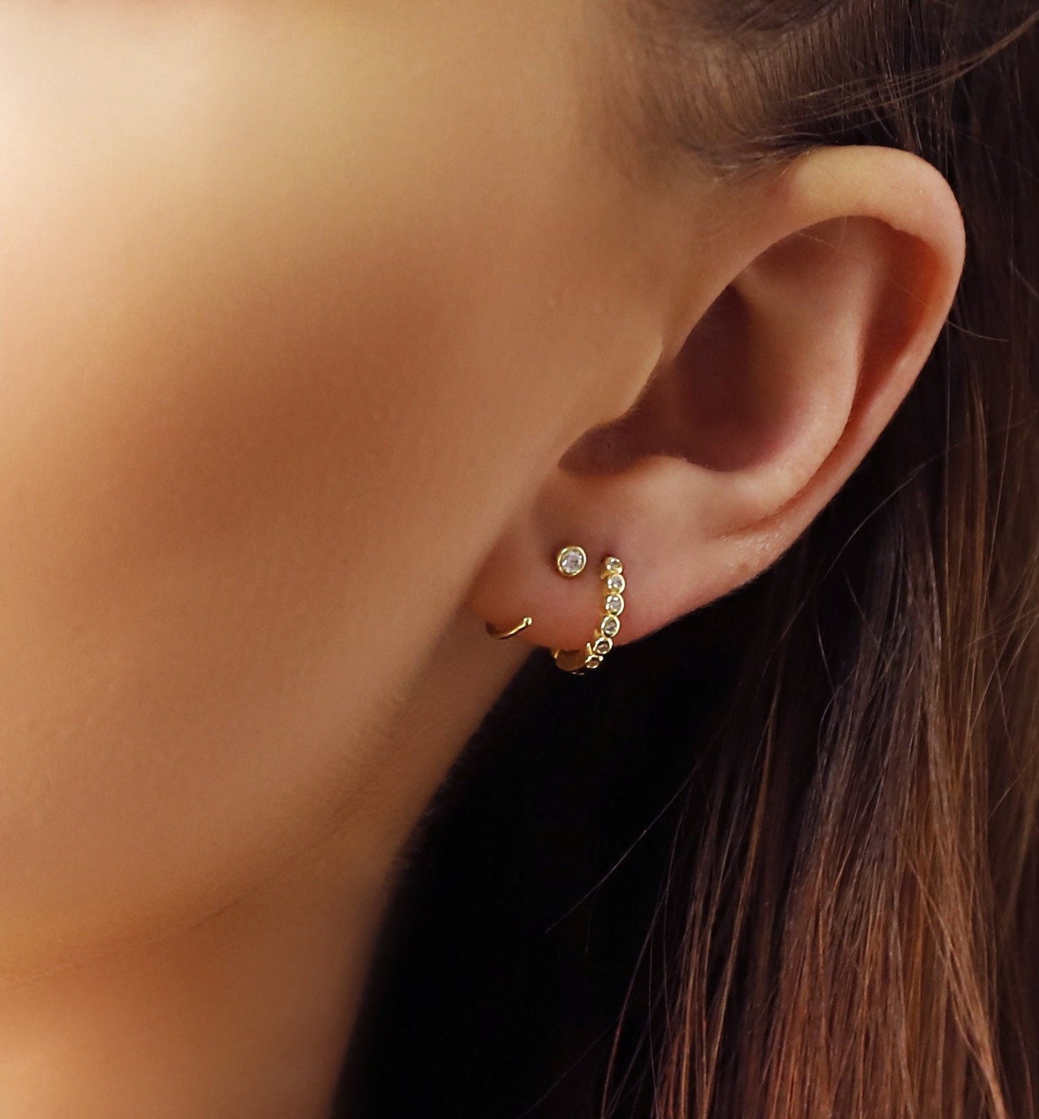 Classic Huggie hoops • 3mm CZ earrings • Huggie Hoops • Huggie Earrings • Cartilage • Yellow Gold • Sterling Silver 925 • Simple Pave Hoops