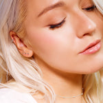 AJJ small gold stud earrings featuring 1.5mm, 2mm, or 3mm ball designs in 18K gold, perfect dainty jewelry for women.