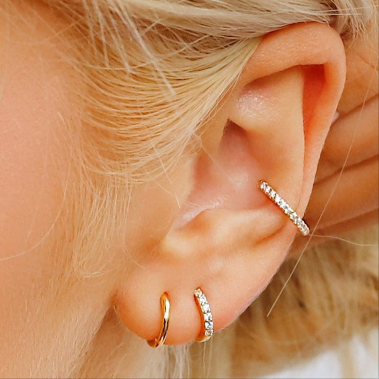 AJJ gold and silver cartilage hoop earrings, small helix and tragus hoops with pave ring designs, stylish and versatile earring set