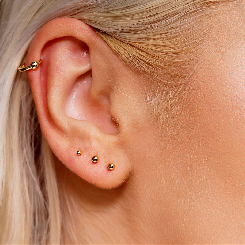 Tiny 18K gold ball stud earrings by AJJ, small dainty 1.5mm, 2mm, or 3mm gold earrings for women or gifts