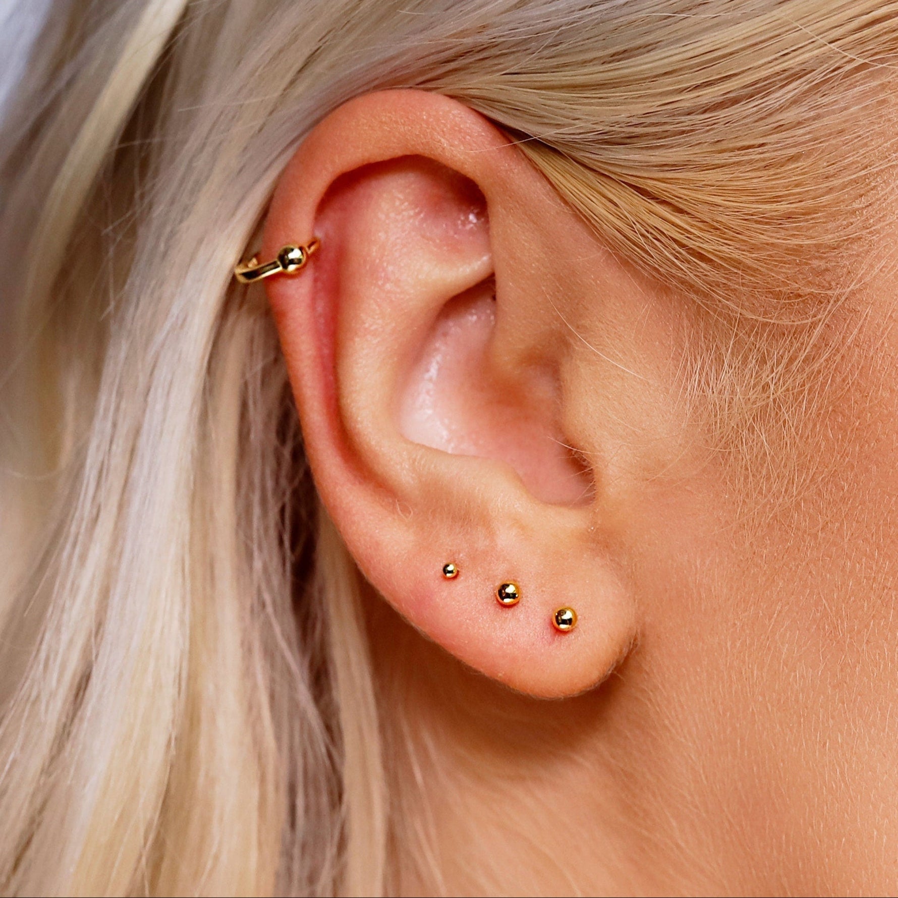 AJJ small gold stud earrings in 1.5mm, 2mm, or 3mm ball design, dainty 18K gold jewelry perfect for gifting or everyday wear.